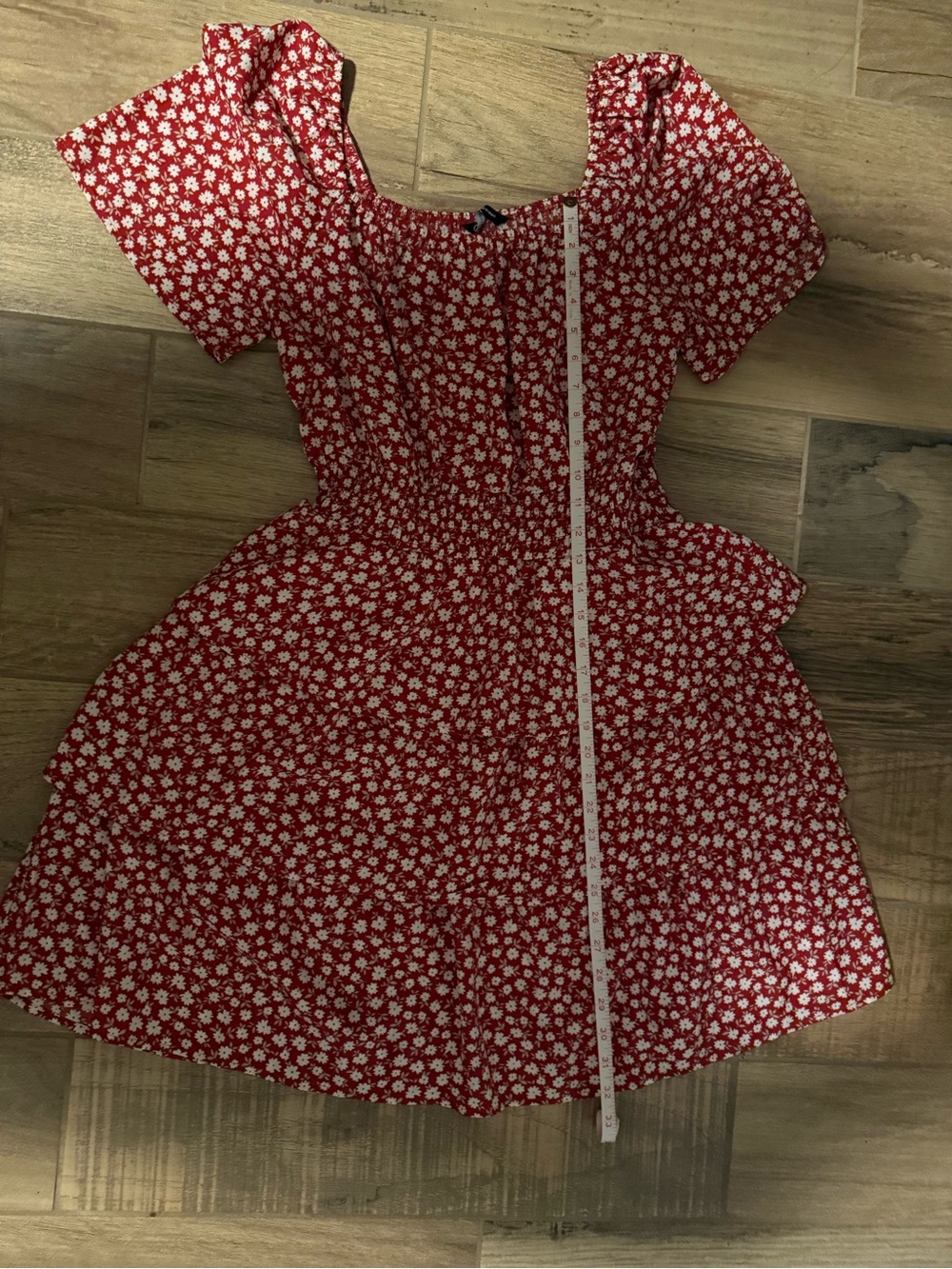 Red Floral Mini Dress with Smocked Waist - Picture 5 of 5